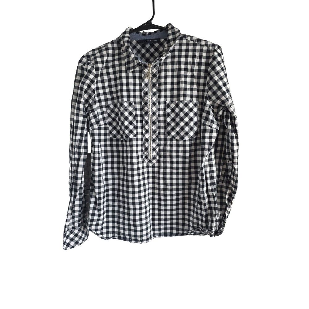 Tommy Hilfiger Gingham Check Quarter Zip Popover Blouse Top Black White M